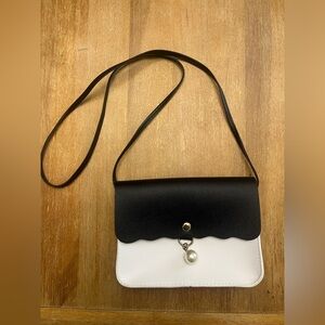 Black and White Crossbody Bag with Pearl Charm